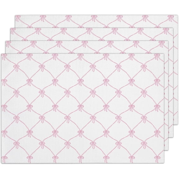 Pink Bow Placemats Set of 4, Washable Heat Resistant Placemats Kitchen Table Mats,12x18 Inch Place Mats for Home Restaurant Farmhouse, Indoor Outdoor Party Table Decoration