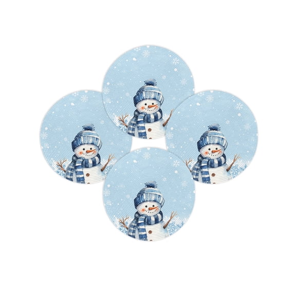 Christmas Round Placemats Set of 4 Blue Snowman Snowflake Place Mats Washable Woven Placemat Winter Snow Circle Braided Table Mat for Kitchen Dining Table Party Home Decor 15 Inch