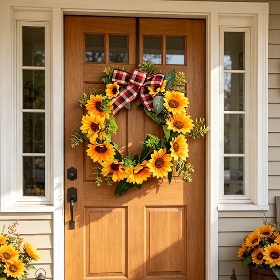 KTFgvq Artificial Sunflower Wreath, 17.7 inch Farmhouse Wreath with Bow, Artificial Floral Wreath for Front Door Wall Home Decor, Vibrant Yellow Sunflowers, 17.71", Yellow