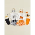 thumbnail image 3 of RUINIXCW Newborn Baby Girl My First Halloween Outfit Infant Baby Girls Fall Clothes Flying Sleeve Letter Pumpkin Ghost Print Romper Tiered Skirt Skort Headband Socks 4pcs Sets, 3 of 9