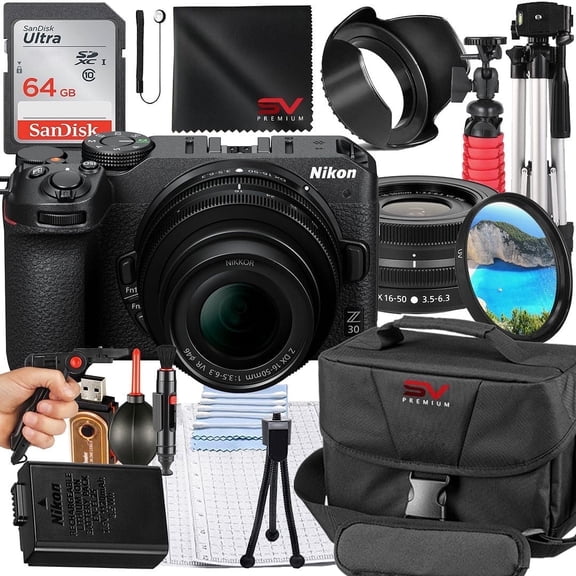 Nikon Z30 Mirrorless Camera with 16-50mm Lens   64GB Memory Card   Pistol Grip Tripod   SV Premium Accessory Bundle (International Version)