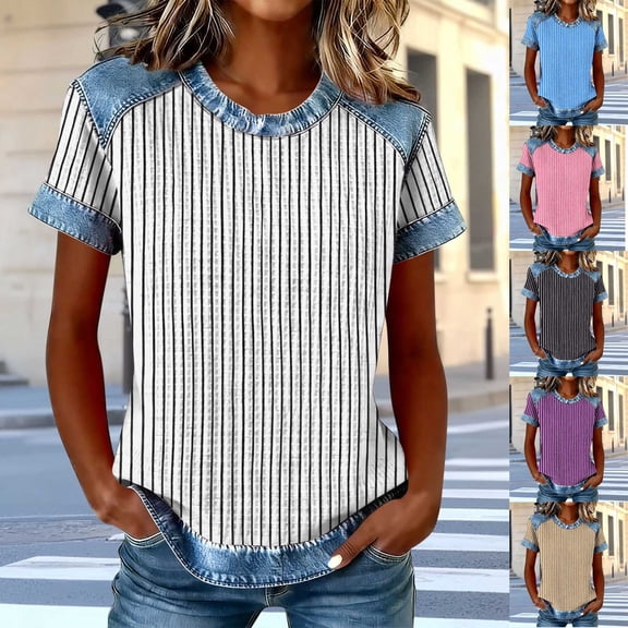 Agkizg Women's Crew Neck Short Sleeve Waffles Knit Top Striped Print Casual Daily Fashion Solid Color Basic Blouse