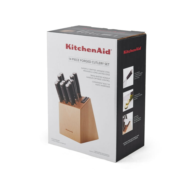 KitchenAid KKFSS14BO 14 Piece Classic Forged Series Brushed Stainless Steel  Cutlery Set, Bamboo Wood