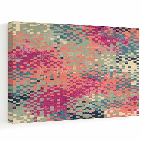 Mosaic Blocks Canvas Wall Art, Modern Abstract Minimalist Orange Pink Blue Plaid Wooden‑Stretched Canvas Print Artwork, Home Wall Decor for Living Room Bedroom Office 36"Lx24"W