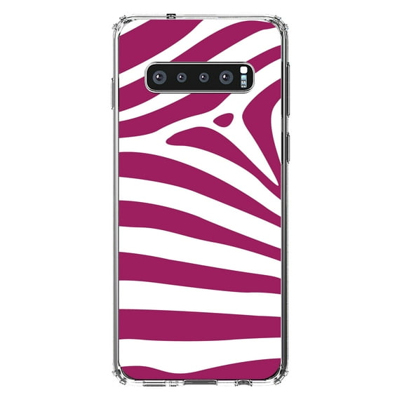 DistinctInk Clear Shockproof Hybrid Case for Samsung Galaxy S10+ PLUS(6.4" Screen) - TPU Bumper, Acrylic Back, Tempered Glass Screen Protector - Fuchsia & White Zebra Skin Stripes