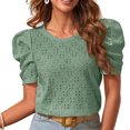 thumbnail image 1 of Camiseta con cuello redondo para mujer, manga corta abombada, Jacquard hueco, Color puro, holgada, camiseta de verano, verde, M, 1 of 7
