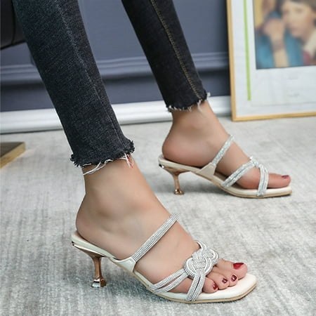 

〖Yilirongyumm〗 Beige 37 Sandals Women Heel Summer And Rhinestone Fashion Spring Sandals Open Women Toe Sandals Slippers High And Women s Sandals