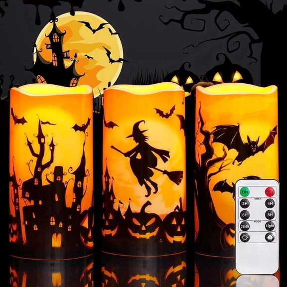 Homemory Orange Outdoor Battery Operated LED Flameless Pillar Candles with Remote Timer for Halloween Decoration, 3x6 Inch, Set of 3