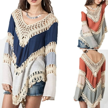 - Women's Fashion Long Sleeve Lace Knitwear Pullover Crochet Sweater Top Blouse T-shirt