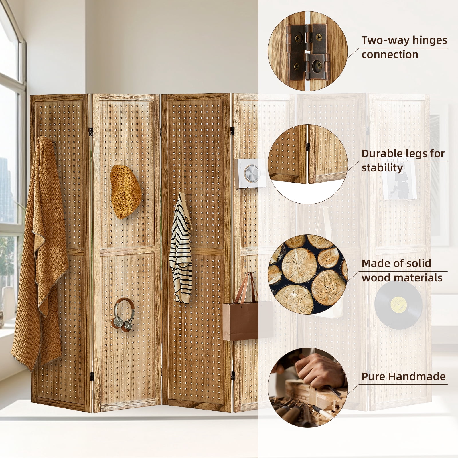 Aletheiawu 6 Panel Display with 24 Hooks, Wood Room Divider Wall, No Installation, Light Brown