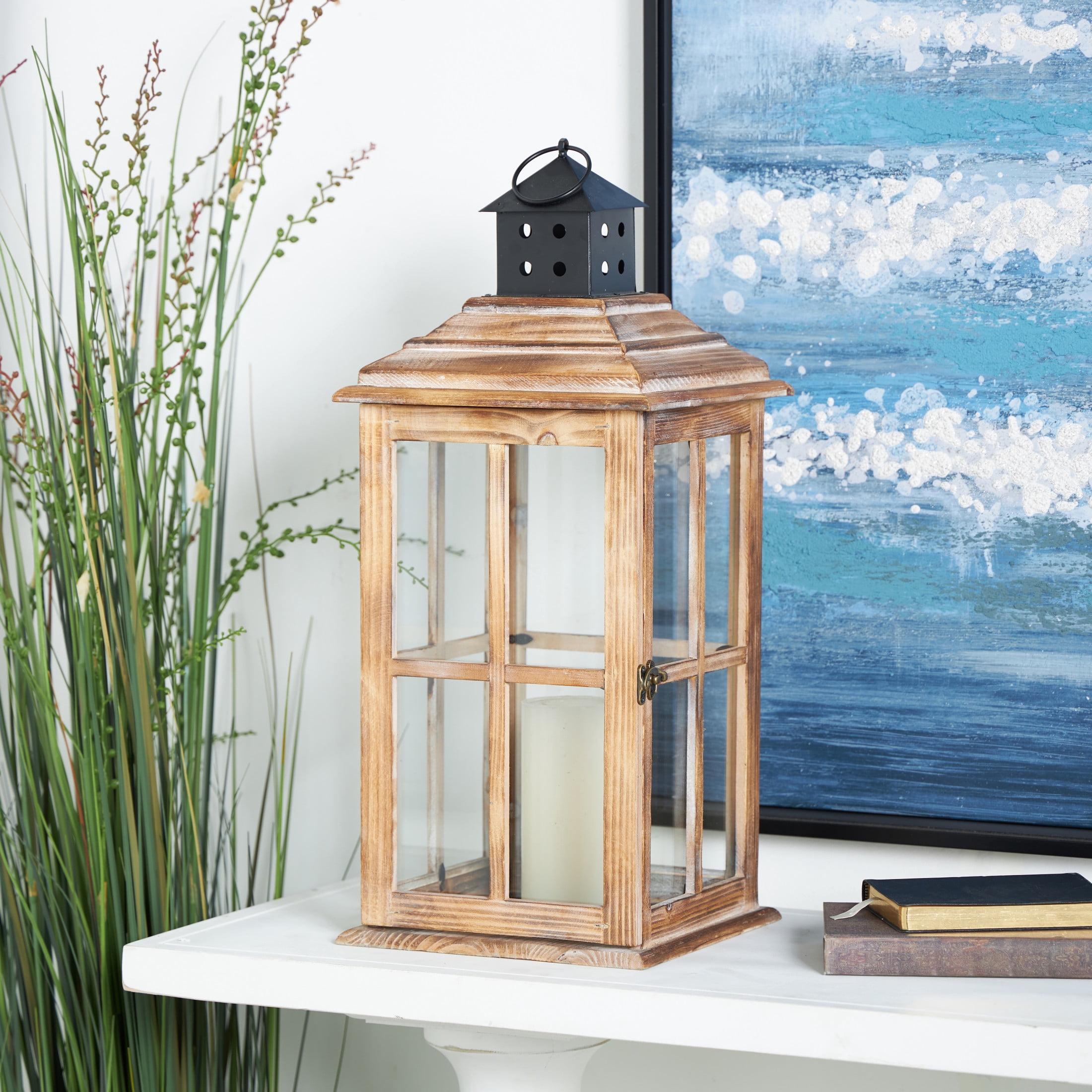DecMode Brown Wood Light House Decorative Candle Lantern with Black Ring Handle