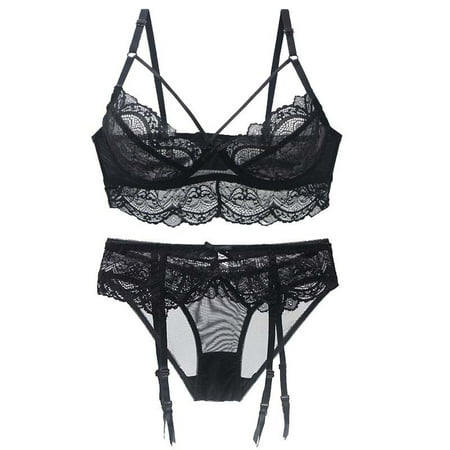 

Lingerie for Women Lace Trim Bra And Panties Summer Thin Lingerie Set Ladies Valentines Day Underwear with Garter Belt