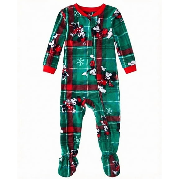 Minnie and Mickey Green Holiday Plaid Christmas Fleece Footed Pajama Sleeper, Size 2T