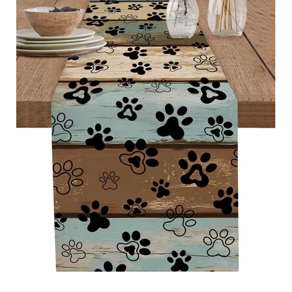 Table Runner 72 Inches Long for Kitchen Dining, Dog Paws Printed Dresser Scarf Farmhouse, Dining Table Decorations for Wedding/Parties, Vintage Teal Brown Wooden Farmhouse 14 x 72 In