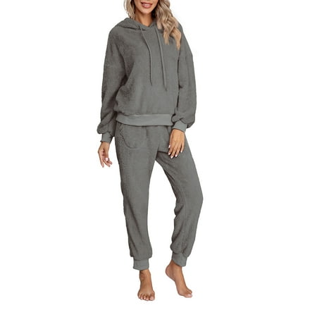 

Womens Fleece Pajamas Outfits Long Sleeve Sweatsuit Pullover Hoodie Solid Color Tops Pants Sleepwear Tracksuit Clothes