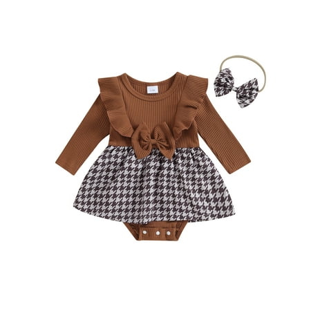 

Baby Girl Fall Outfits Long Sleeve Houndstooth Pllaid Print Skirt Romper with Headband Set Infant Onesie