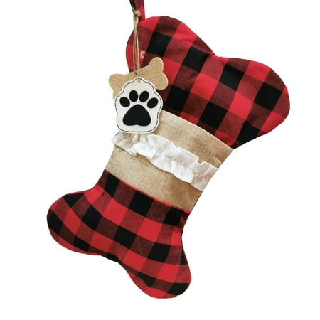 

dianhelloya Christmas Pet Sock Bone/Fish Shape Red Black Plaid Paw Print Tag Adorable Gifts Scene Layout Tear-resistant Hanging Xmas Tree Gift Bag Pendant Party Favors