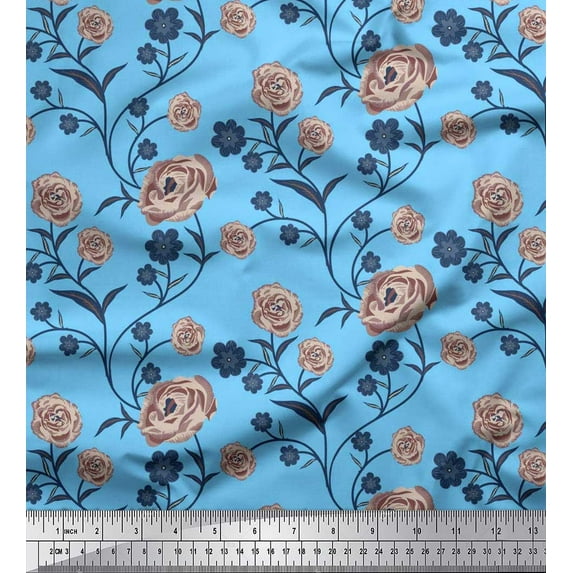 Soimoi Velvet Fabric Leaves & Rose Floral Decor Fabric Printed Yard 58 Inch Wide