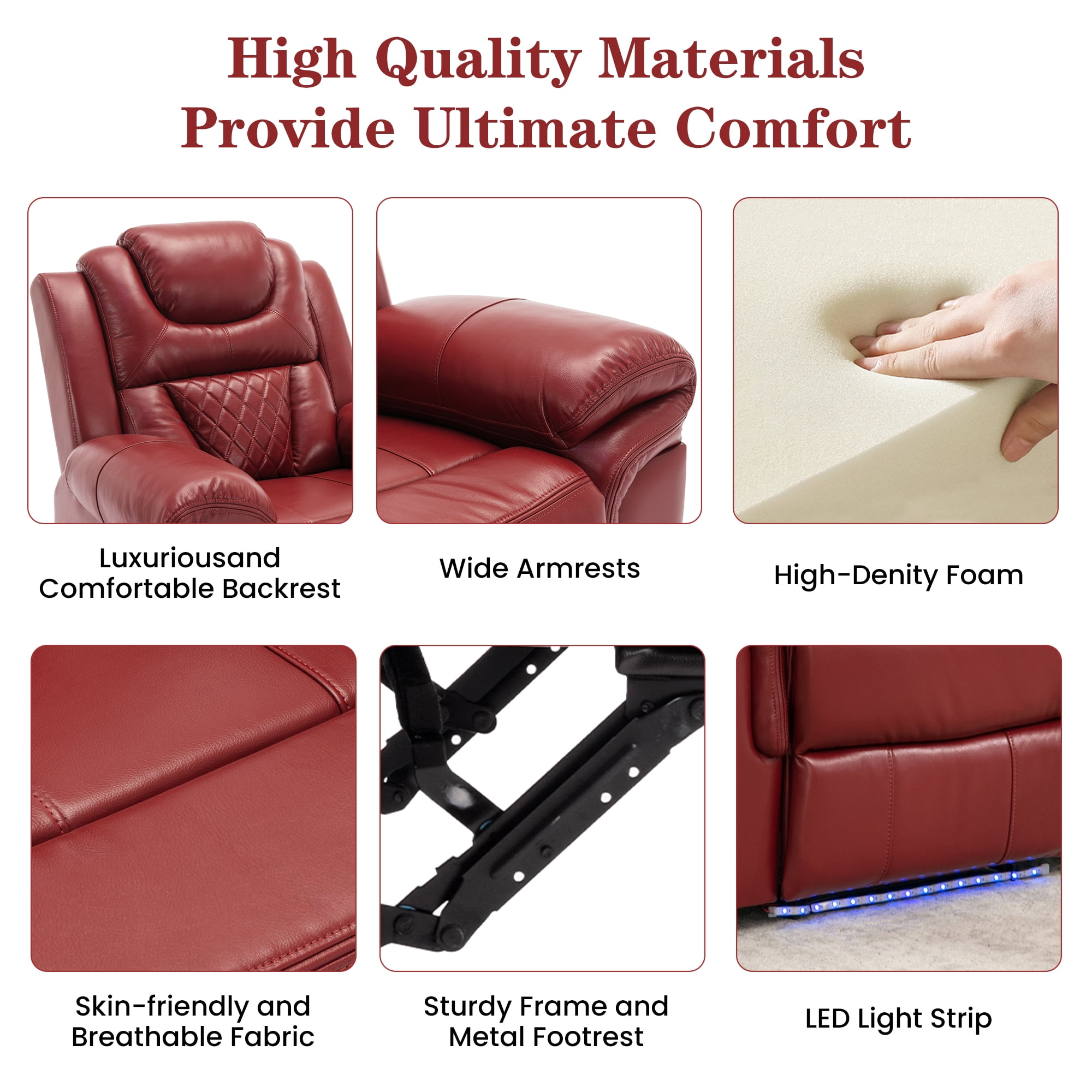 Euroco Home Theater Seating Manual Recliner Chair with LED Light Strip for Living Room,Bedroom, Wine Red