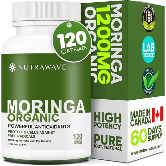 Nutrawave Organic Moringa 1200 mg – Antioxidant & Daily Wellness Support, Plant-Based Superfood, 120 Vegan Capsules, Non-GMO, Gluten-Free, Made in Canada