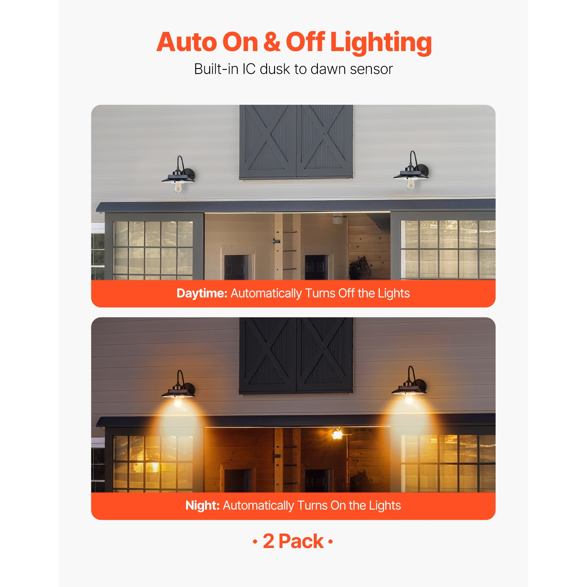 KFFKFF Solar Outdoor Barn Light with Motion Sensor, 3 Adjustable Modes, 2-Pack Gooseneck Wall Fixture, Farmhouse Style Sconce, Compatible with E27 Bulbs, Waterproof Design for Porch, Entryway