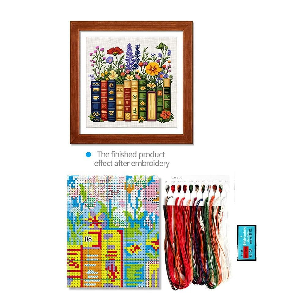 DIY Cross Stitch Kit Books & Flowers Pattern Embroidery Craft Set with Fabric Thread Needles 9.06 in Basic Kit