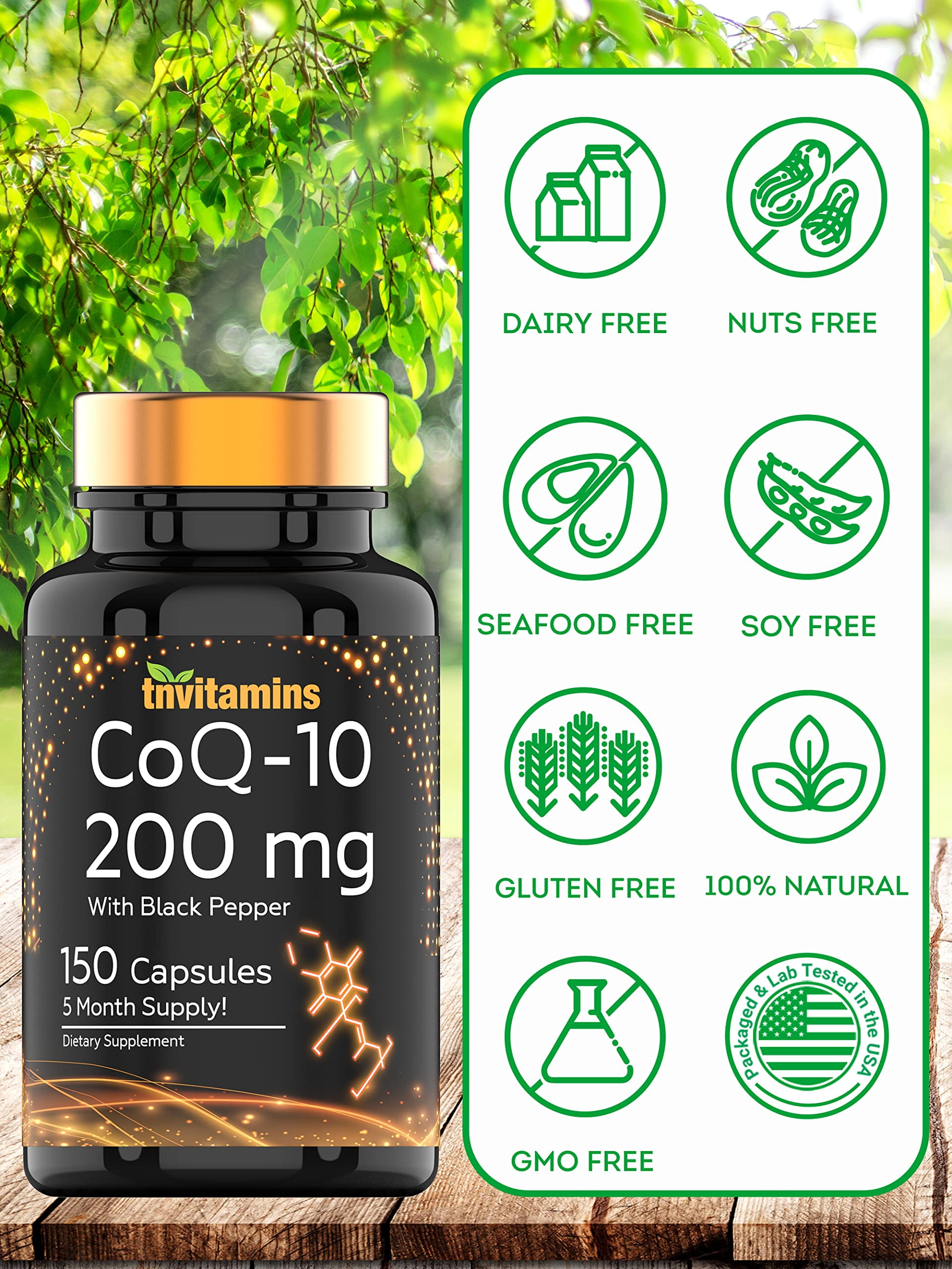 TNVitamins Ultra Potent CoQ-10 (Coenzyme Q-10) 200mg - 150 Capsules with Black Pepper Extract | Potent Antioxidant