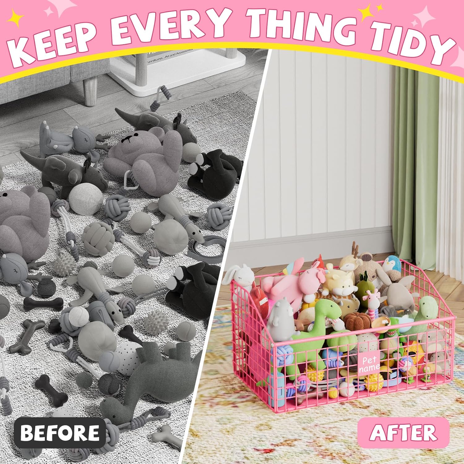 Indestructible Dog Toy Basket Large Metal Storage Bin for Toys Food Pink