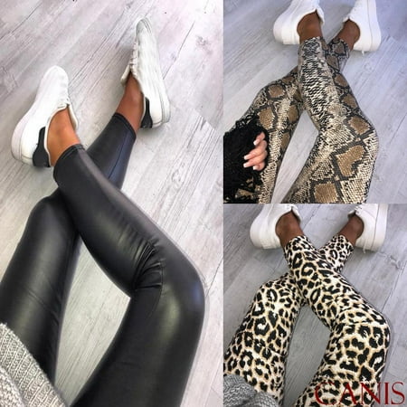 WOMEN ANIMAL PRINT PU LEGGINGS LEATHER LOOK LADY STRETCH LEOPARD SNAKE