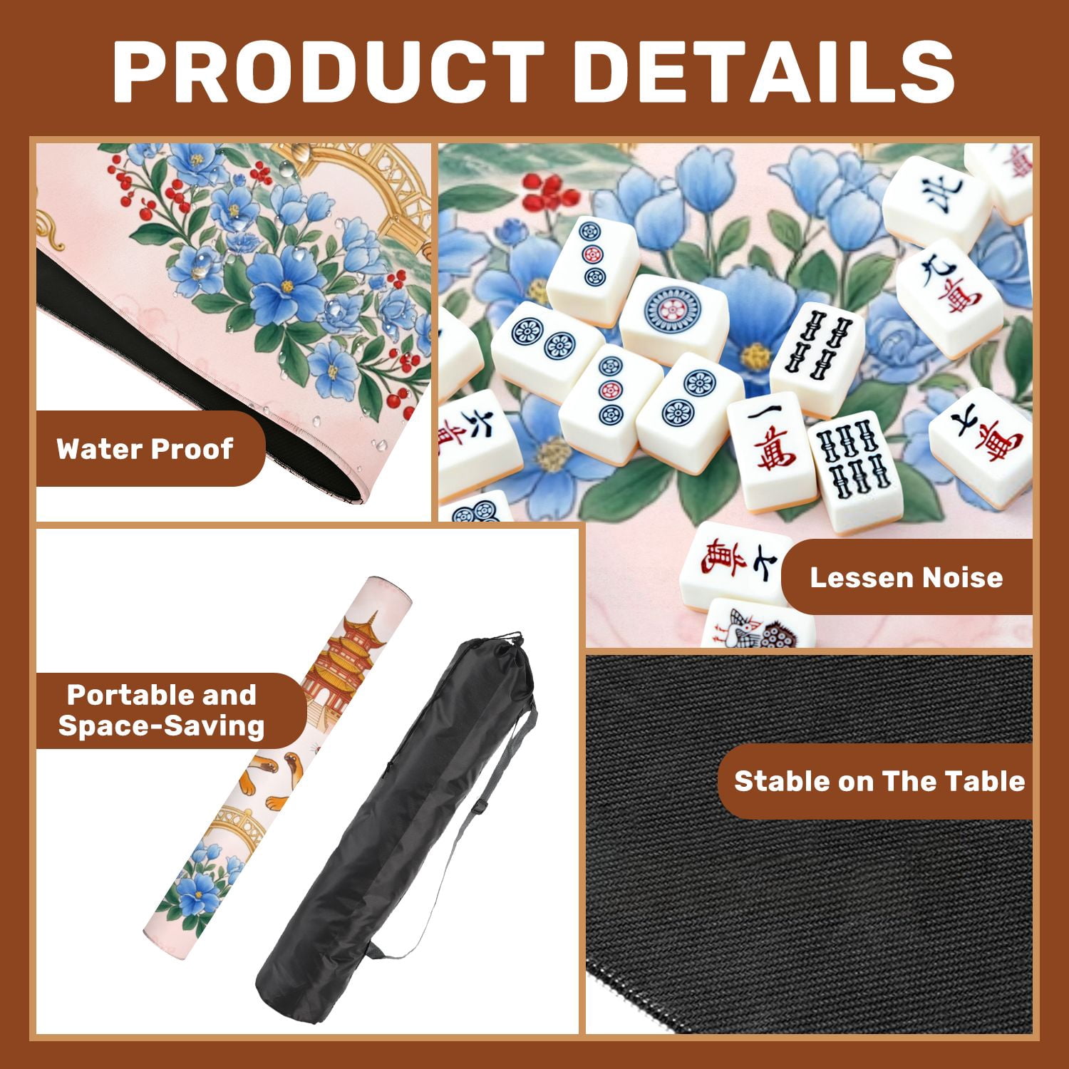 Mahjong Mat 31.5" x 31.5" Oriental Two Roaring Tigers Pagoda Floral Wreath Decorative Bridge Non-Slip Noise Reduction American Mahjong Tiles Table Cover for Dominoes Poker Card Board Games Gift