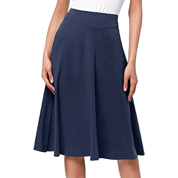 YUEJUIR Pleated Skirts For Women Simple Comfy Basic Solid Color Stretch A Line Flared Knee Length Skirt Plus Size Maxi Skirt Womens Maxi Skirt (Blue,M)