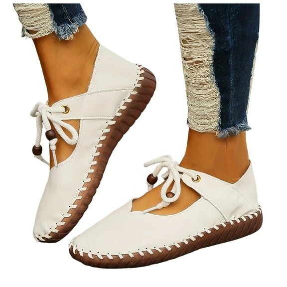 Womens Mary Jane Flats Retro Leather Lace up Ballet Dress Shoes with Rubber Soles Non Slip Fall Casual Loafer