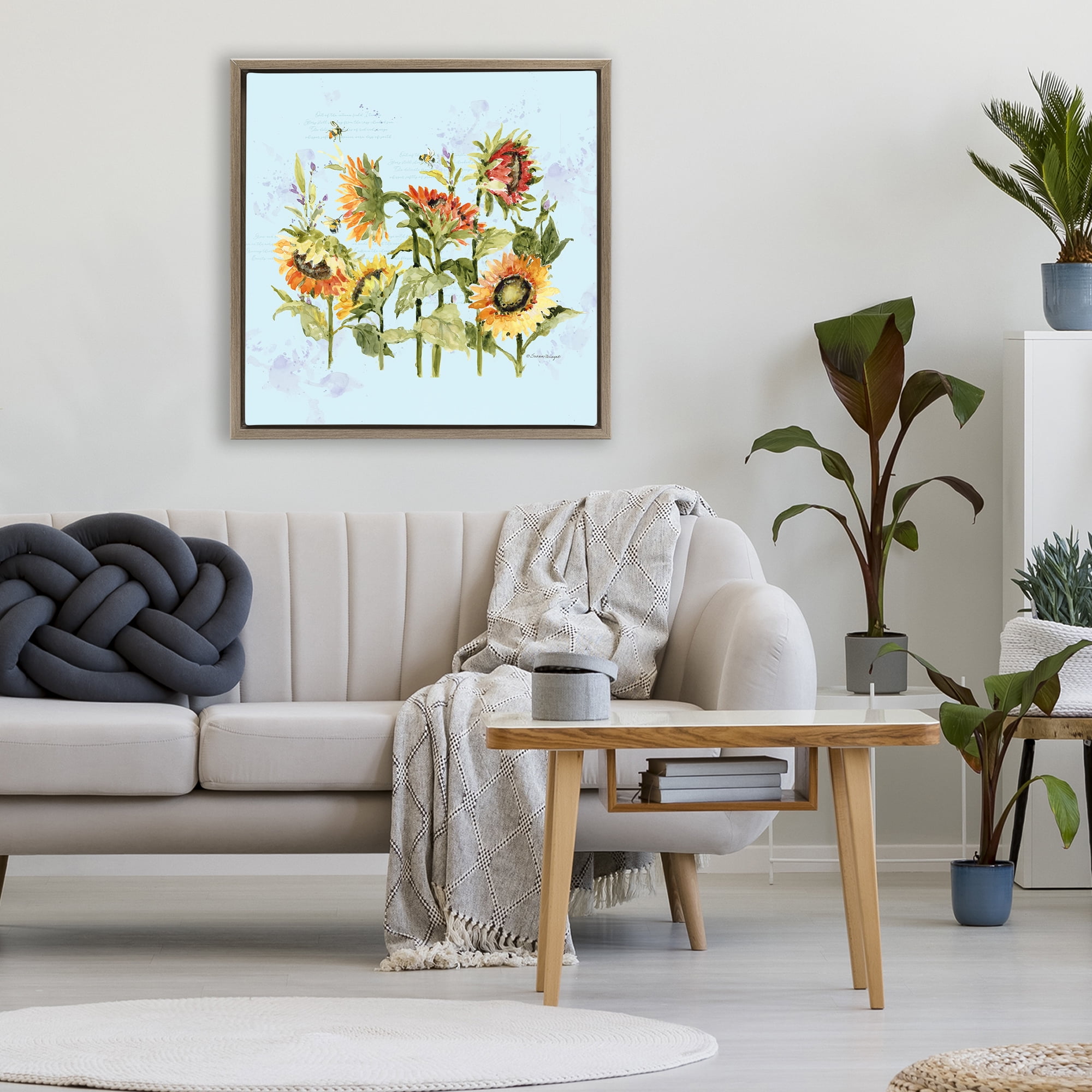 Stupell Industries Sunflowers & Bee on Blue Brown Framed Floater Canvas Wall Art, design by Susan Winget