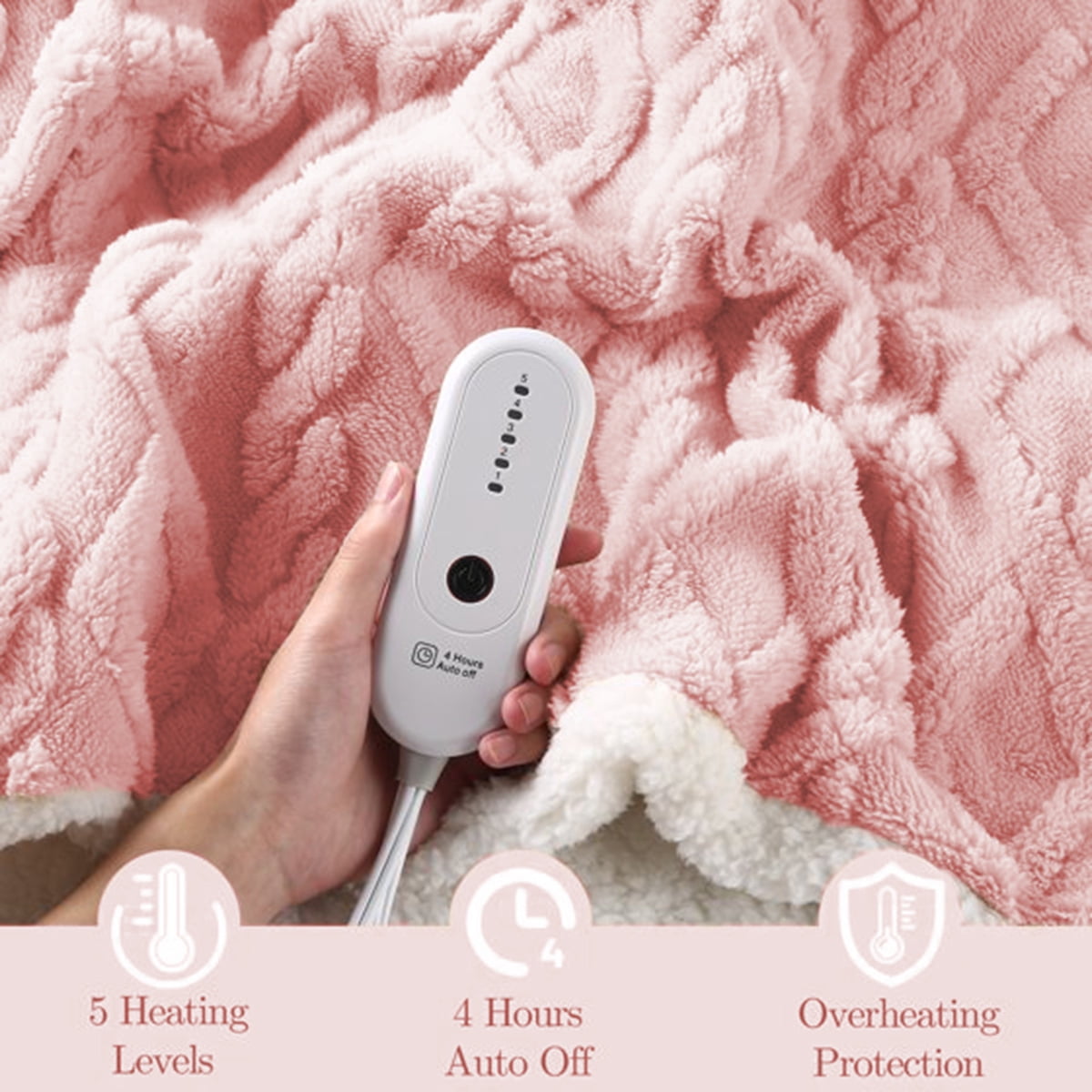 TRUSTWARMTH Electric Heated Blanket Throw 50"×60", Electric Throw Blanket with 5 Heating Levels & 4 Hours Auto Off, Ultra Soft Jacquard Shaggy Sherpa, Machine Washable, Pink