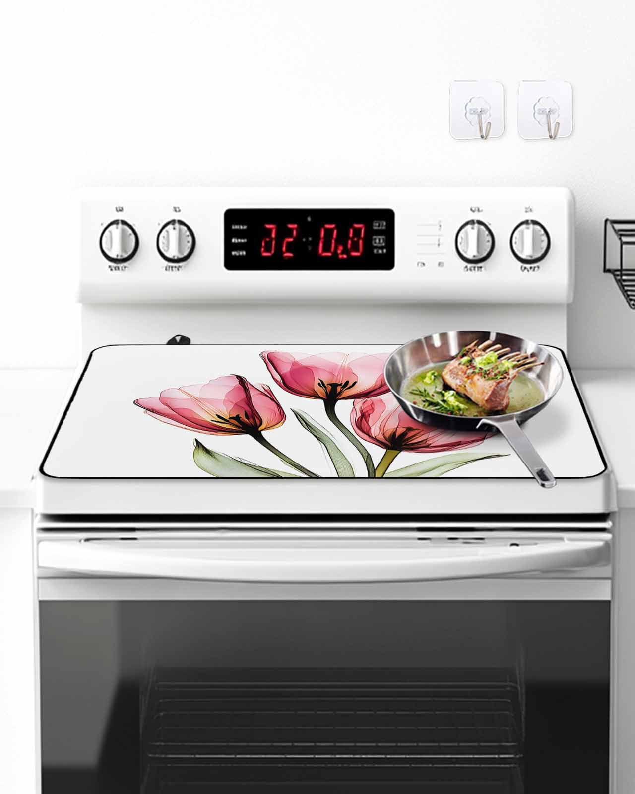 Stove Top Covers for Electric Stove, Pink Tulip Kitchen Glass Ceramic Electric Cooktop Covers 28.5"x20.5", Modern Blossom Pastel White Floral Petal HeatResistant Oven/Countertop/Dishwasher Protector