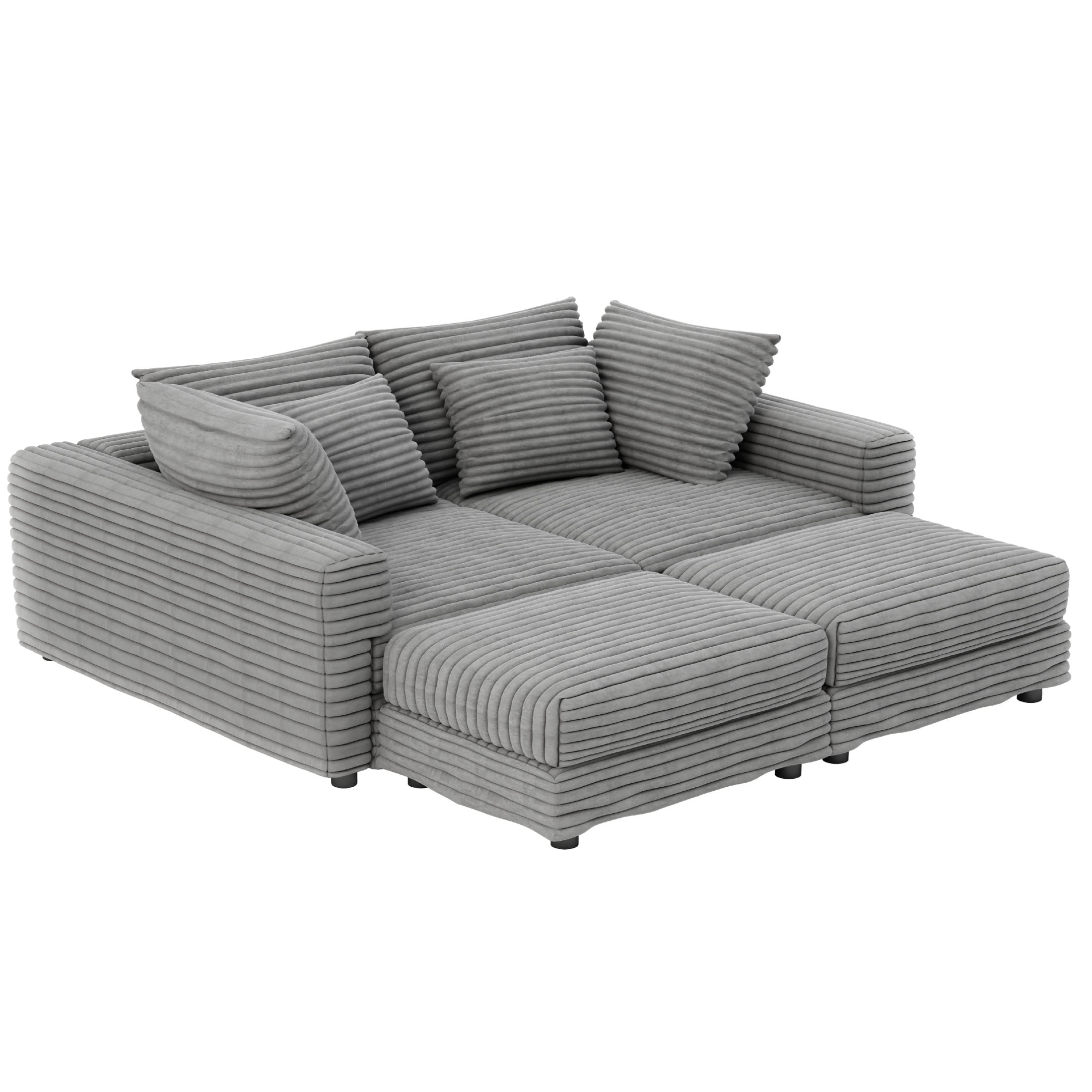 Noble House Nesta 4-Seat Plush Corduroy Cloud Sofa, Convertible Deep Seat Lounge Couch with 2 Ottomans & Soft Pillows, Grey