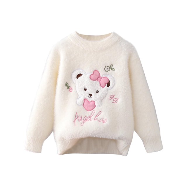 Chandail pour Bébé Fille, Col Rond, Manches Longues, Imprimé Cœur, Tricoté, Automne Hiver, Beige