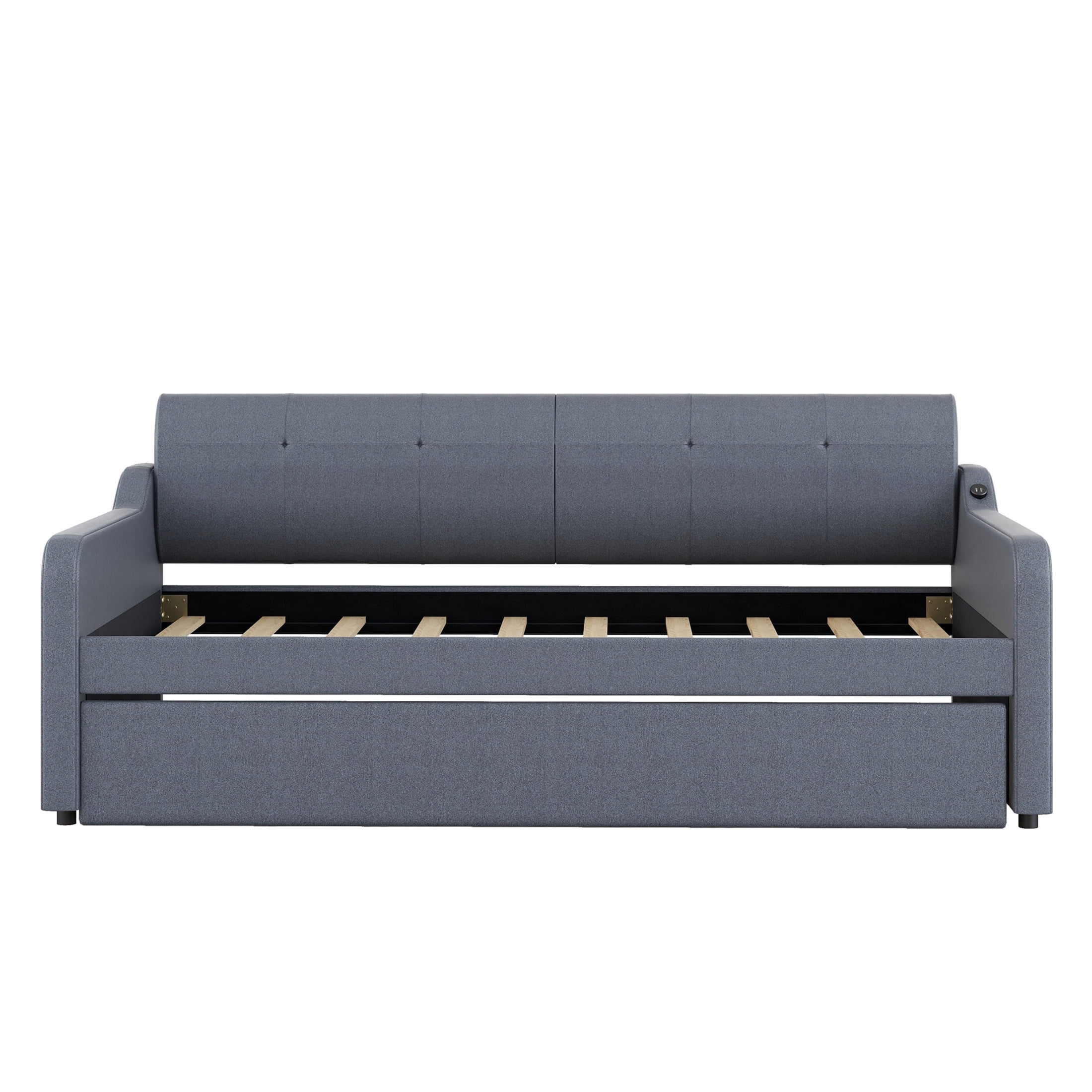 Noble House Winden Twin Linen Upholstered Daybed with Adjustable Pull-Out Trundle and USB Charging Port, Gray