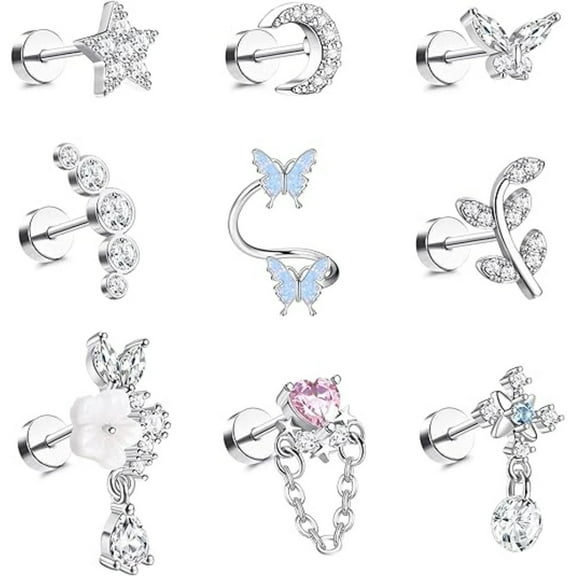 9Pcs Flat Back Helix Earrings Set Sleeping Comfort 16G Stainless Steel CZ Studs Multiple Piercing Jewelry for Women