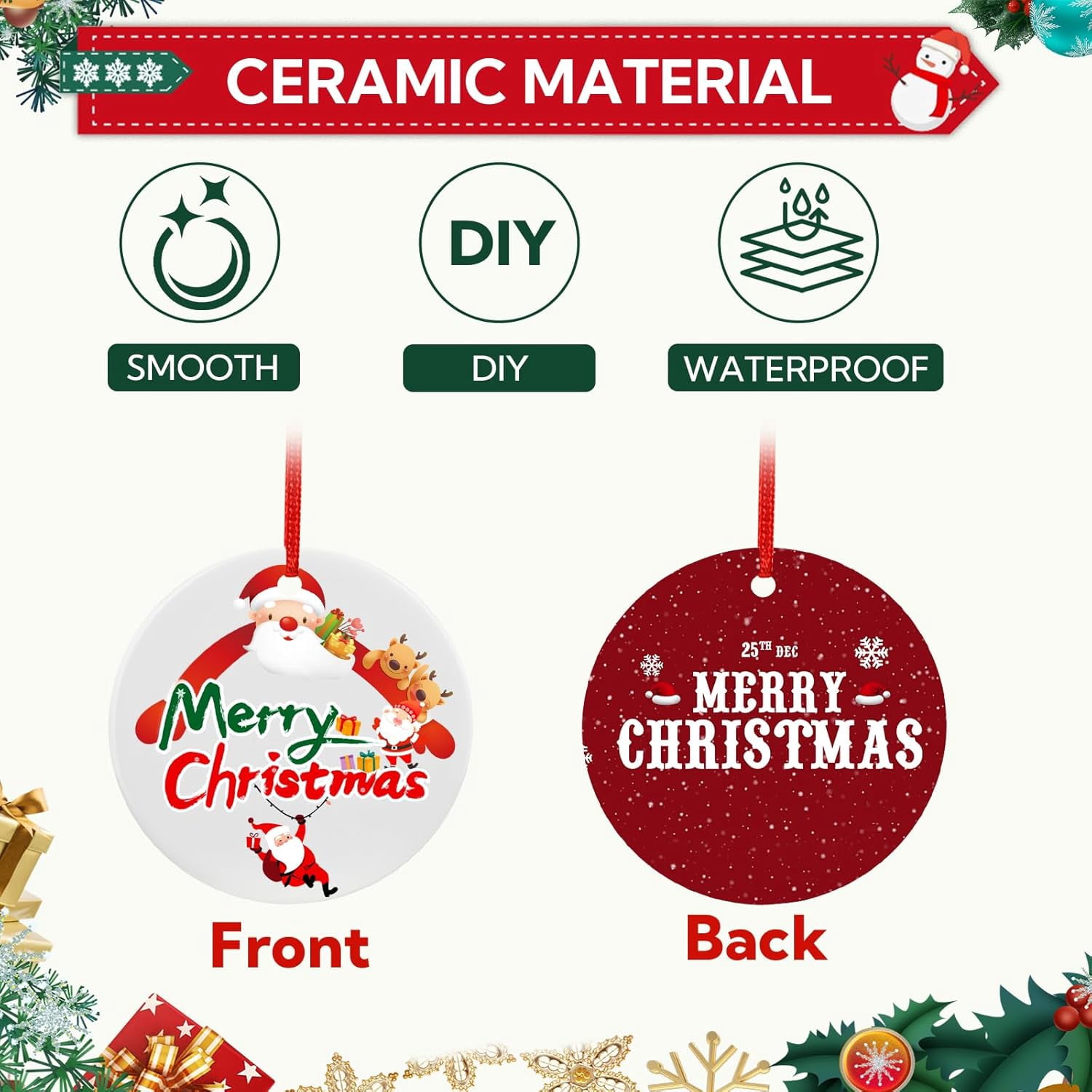 50 Pack Sublimation Ornament Blanks 3" Ceramic Two-Sided Printed Sublimation Christmas Ornaments Bulk Round White Ornaments for Personalized Xmas Tree Ornament Home Decor Heat Transfer DIY Craft