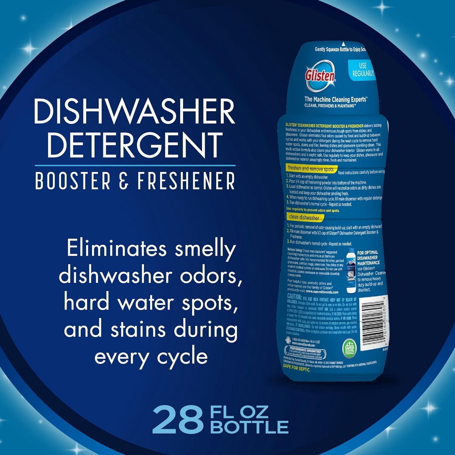 Glisten Dishwasher Detergent Booster and Freshener, Helps Eliminate Odors, Spots, and Stains, Lemon Scent, 28 Ounce Bottle 4-Pack
