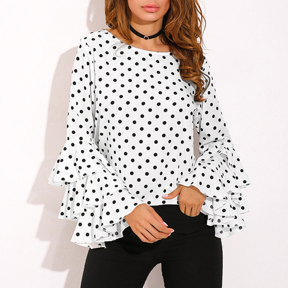 Anself Women Polka Dot Ruffle Blouse Top Long Sleeves O Neck Elegant