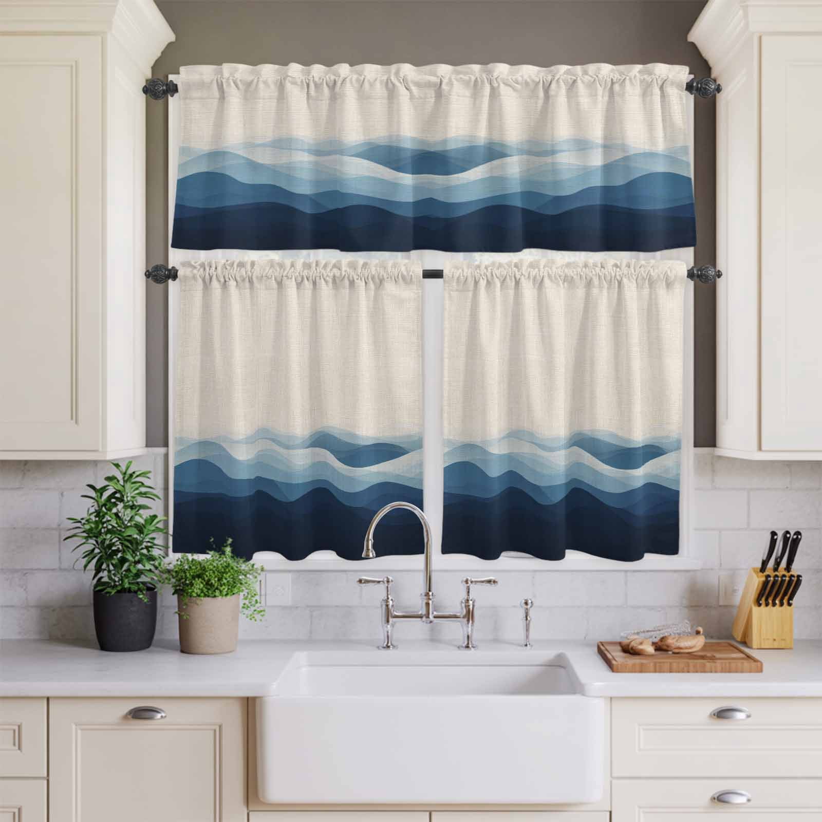 3 Piece Kitchen Curtains and Valances Set Blue Beige Ombre Cafe Curtains 24 Inch Length Minimalist Ocean Waves Linen Valance & Tier Curtain for Living Room Bedroom Small Window 54"x18"+27"x24"*2