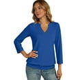 thumbnail image 3 of 3/4 Length Sleeve Womens Tops Summer V Neck Loose Fit Shirts Casual Banded Bottom Blouses Blue 2XL, 3 of 4