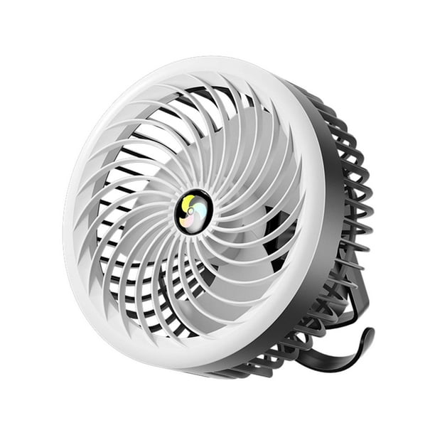 Ventilador de camping recargable con luz LED, batería de 3600 mAh, portátil, USB, 3 velocidades, con gancho para casa, oficina, tienda de campaña y uso al aire libre, funcionamiento silencioso.