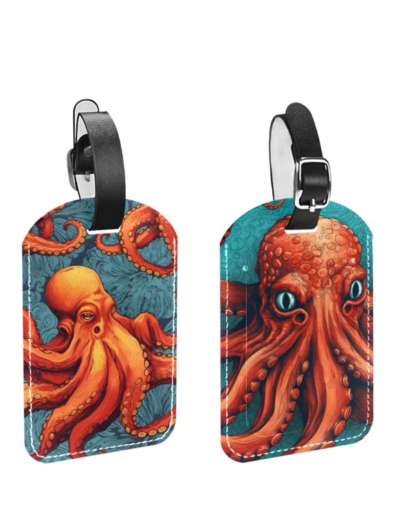 Square 2Pack PU Leather Octopus Cruise Luggage Tag with Privacy Cover and Name ID Tag for Travel Handbags Backpacks Luggage Tags