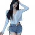 thumbnail image 1 of Women‘s Solid Long Sleeve V-Neck Thin Blouse Sun Protection Button Up Knitted Cardigan, 1 of 6