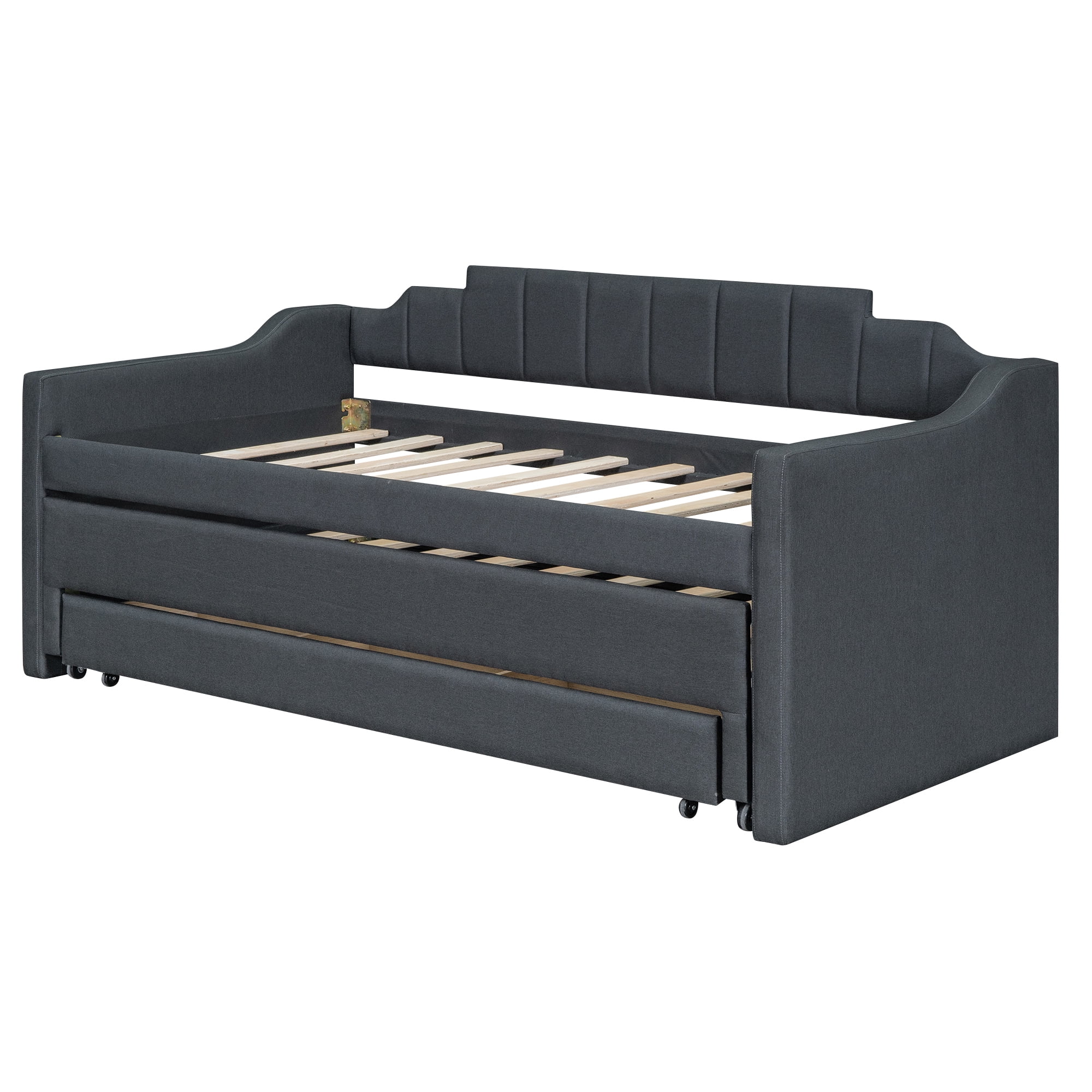 MAYEERTY Twin Size Upholstered Daybed with Trundle and Three Drawers,Grey