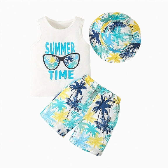Toddler Baby Boy Summer Outfits Clothing Set Summer Time Palm Tree Print Sleeveless Top Shorts Hat 3 Piece Beach Outfit Size 1-2 Years