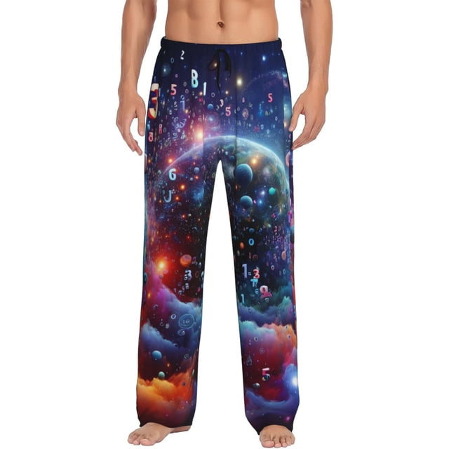 Kdxio Outer Space Floating Numbers And Letters Pattern Men's Pajama Pants, Elastic Waist with Drawstring and Pockets, Comfortable Loungewear-3X-Large